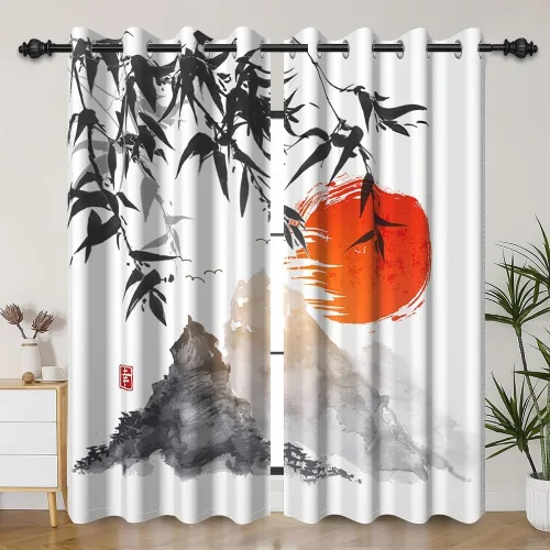 Miniatura 113 de Cortinas japonesas con pintura de tinta, monte Fuji, sol rojo, puesta de sol, hojas de bambú, cortinas de ventana para dormitorio, sala de estar