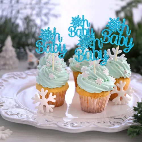 Miniatura 6 de Gyufise Paquete de 24 adornos de copos de nieve Oh Baby para cupcakes con purpurina azul Frozen Oh Baby Pick Decoraciones para baby shower
