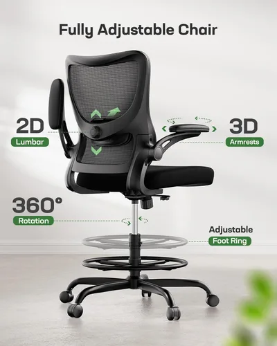 Miniatura 3 de Marsail Silla de dibujo, silla de oficina alta con soporte lumbar 2D, silla de escritorio de pie, silla de oficina alta con reposabrazos abatibles