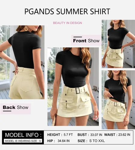 Miniatura 4 de PGANDS Camiseta corta de manga corta de verano para mujer, cuello redondo, básica, lisa, Y2K, ajustada