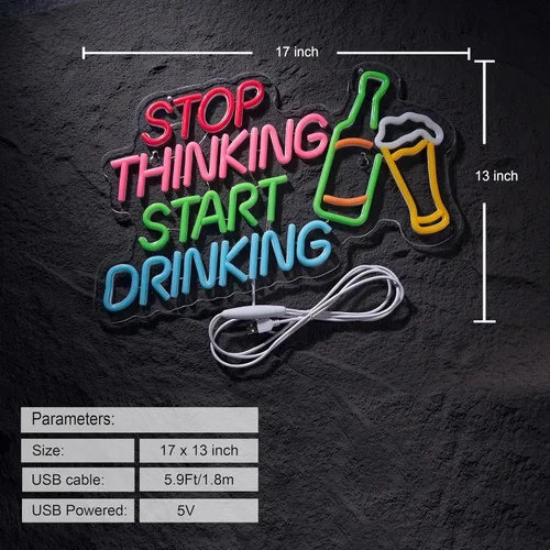 Miniatura 2 de Letrero de neón "Dejar de pensar, empezar a beber" para barra, señal de pared con interruptor regulable para pub de cerveza, letreros de neón LED