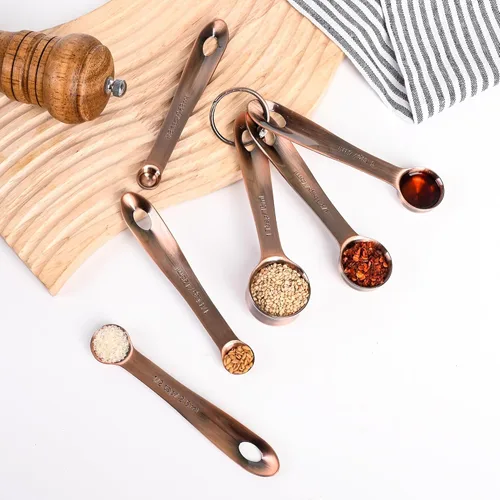 Miniatura 9 de Juego de tazas y cucharas medidoras, juego de tazas y cucharas medidoras de cobre para cocina y hornear, acero inoxidable, 5 tazas y 6 cucharas