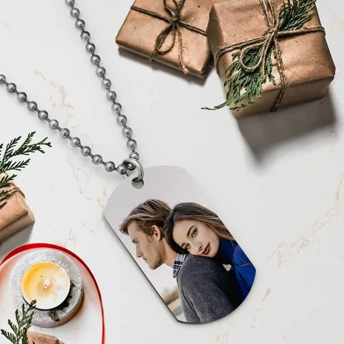Miniatura 3 de Collar de acero inoxidable personalizado con huella dactilar ovalada + grabado fotográfico, llavero personalizado con etiqueta de perro, cadena
