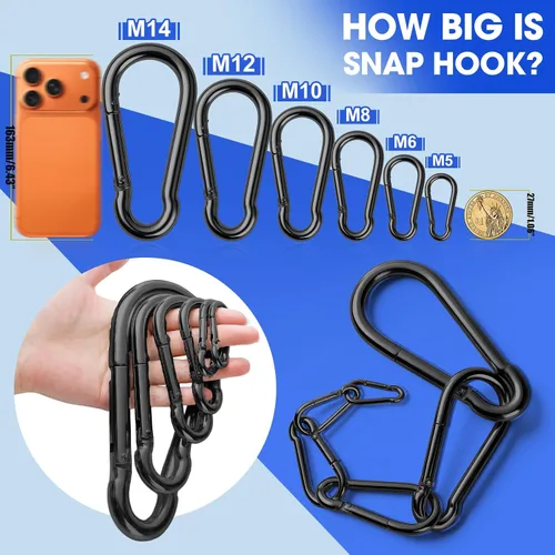 Miniatura 3 de Paquete de 50 mosquetones resistentes, ganchos de resorte grandes de 3.2 pulgadas a granel, mosquetones negros galvanizados para campamento, clips
