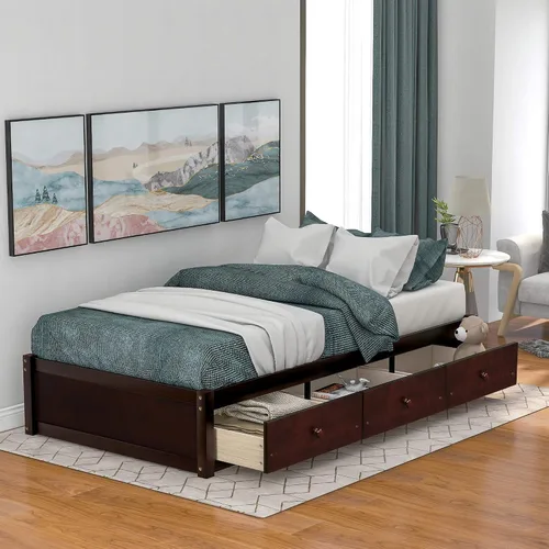 Miniatura 3 de Merax Marco de cama de madera con 3 cajones, cama de día individual Storge con soporte de listones de madera, ahorro de espacio, cereza
