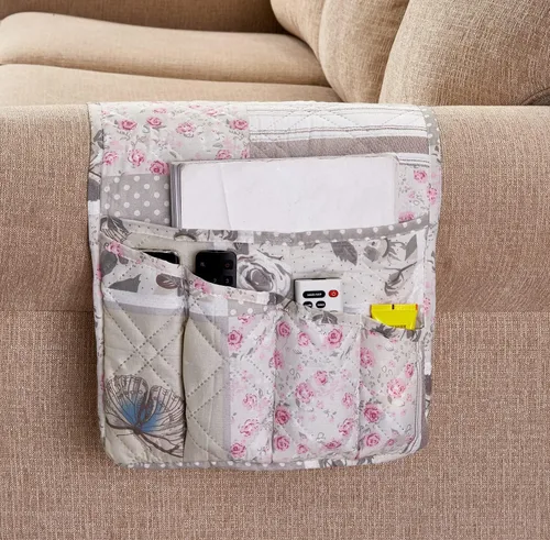 Miniatura 17 de Brilliant Sunshine - Organizador de apoyabrazos de sofá de terciopelo gris con 5 bolsillos, soporte antideslizante para sillón reclinable