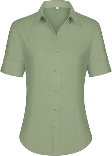 Miniatura 8 de siliteelon Camisas de vestir de manga corta con botones para mujer, camisas de algodón con botones para mujer, blusa ajustada de manga 3/4