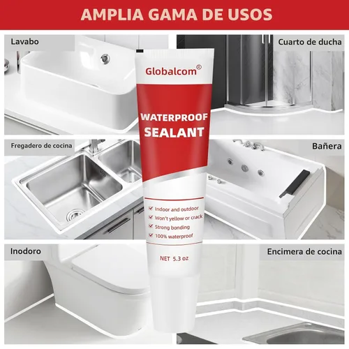 Miniatura 3 de Globalcom Calafateo de silicona avanzado para cocina y baño, sellador de silicona impermeable para uso interior y exterior, adherencia más fuerte a