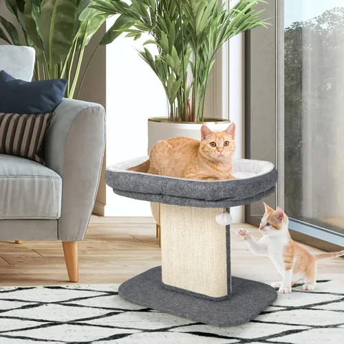 Miniatura 8 de Tangkula Árbol para gatos de interior, torre para gatos de 2 niveles con percha superior y panel rascador de sisal y juguete de bola de piel