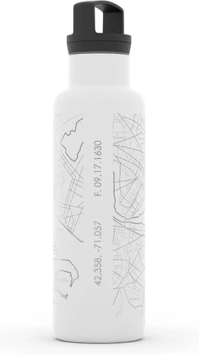 Miniatura 3 de Well Told Botella de agua aislada con mapa de Boston Massachusetts grabado, botella de acero inoxidable grabada (21 onzas, blanco) botella aislada
