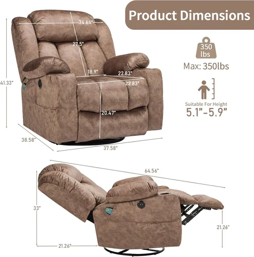 Miniatura 2 de Silla reclinable giratoria con calor y masaje, mecedora manual mecedora reclinable, silla giratoria de 360° con 2 portavasos, bolsillos laterales