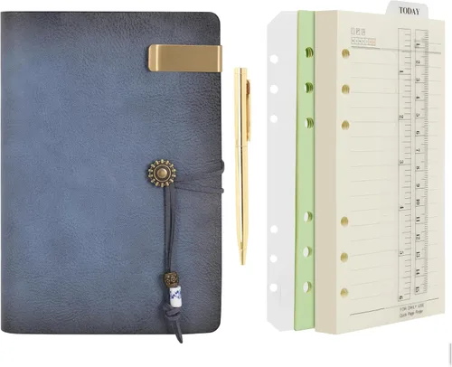 Miniatura 9 de Wonderpool - Diario de piel con papel rayado y bolígrafo, rellenable, cuaderno de espiral con 6 anillas, con libretas pautadas, cubierta vintage