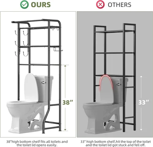 Miniatura 2 de Simple Trending Sobre el gabinete de almacenamiento del inodoro, organizador de estante de baño de metal con soporte para papel y ganchos, 3 Negro
