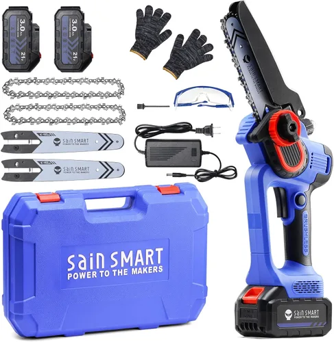 SainSmart Mini motosierra eléctrica portátil inalámbrica de 6 pulgadas, súper sierra de mano con 2 baterías de 3000 mAh, gafas y guantes, para poda