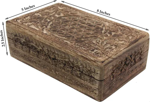 Miniatura 8 de DharmaObjects Caja de almacenamiento de madera tallada a mano con flores de la vida (natural, grande)