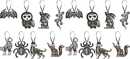 CCINEE 24Pcs Dia De Los Muertos Felt Ornaments, Mexcian Skeleton Halloween Ornaments for Day of The Dead Themed Party School Bags Indoor Outoor Tree