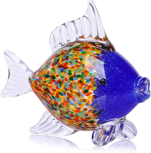 Colorida figura de pez de vidrio soplado – Escultura de animales de arte azul para decoración del hogar en la costa del océano, adorno de pez de
