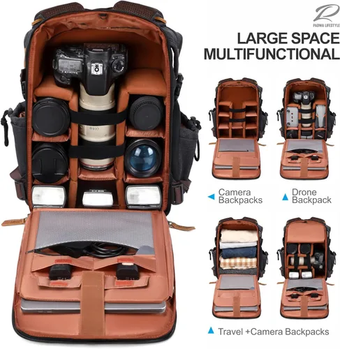 Miniatura 3 de Padwa Lifestyle Mochila negra para cámara – Bolsa profesional para cámara DSLR y UAV, mochila de lona antirrobo para cámara con cubierta