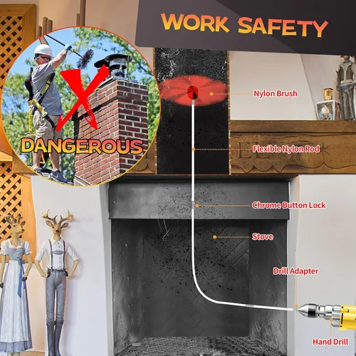 Miniatura 3 de Kit de limpieza de chimenea de 16 pies, kit de limpieza de chimenea con 5 varillas de chimenea flexibles, sistema de limpieza de chimenea giratorio