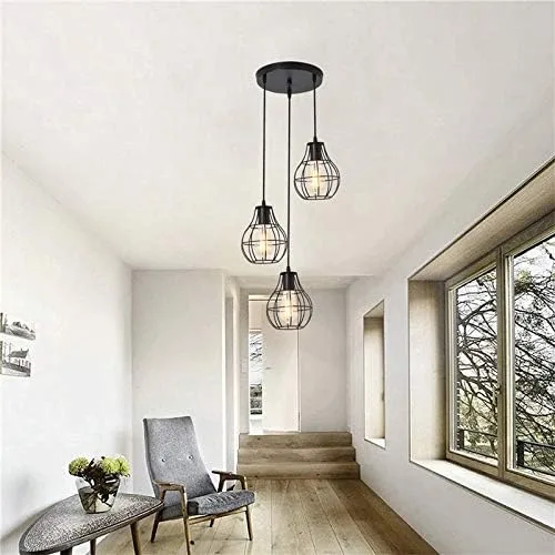 Miniatura 3 de Modern Black Pendant Light Fixtures, Mesh Metal Chandelier, Vintage Industrial 3 Heads Hanging Pendant Lamp for Kitchen Island Dining Room Farmhouse