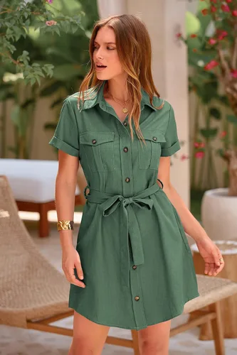 Miniatura 8 de PRETTYGARDEN Vestido casual de verano con botones para mujer, cuello en V, manga corta, con cinturón, bolsillo