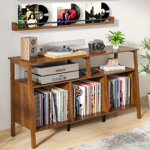 Miniatura 6 de Mxtxmy Soporte grande para tocadiscos, mesa giratoria de mediados de siglo con almacenamiento abierto con capacidad para hasta 450 álbumes, estante