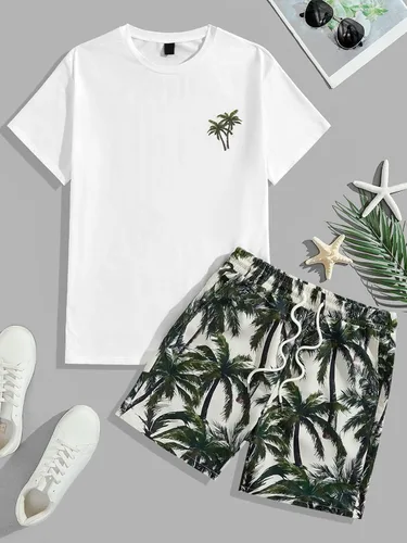 Miniatura 74 de GORGLITTER Conjunto de 2 piezas de camiseta gráfica de manga corta para hombre, estampado hawaiano con cordón y pantalones cortos
