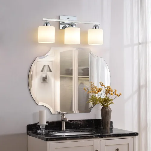Miniatura 2 de Mecgirn Luces de tocador de vidrio de leche de acero inoxidable para baño, 3 luces cromadas de baño sobre espejo, enchufes E26 de cerámica montados