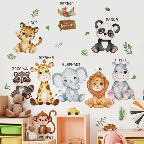 Calcomanías Educativas de Animales de Safari Grandes para Pared, Adhesivos de Animales de la Selva, Pegatinas de León, Panda, Jirafa, Mono, Tigre,