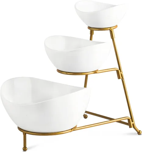 Miniatura 11 de YHOSSEUN Soporte de 3 niveles para servir con juego de 3 tazones ovalados de porcelana para servir con soporte de metal plegable más grueso