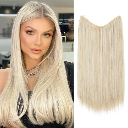 Miniatura 24 de SARLA Extensiones de cabello con alambre invisible de reflejos cortos rectas postizos sintéticos diadema transparente ajustable para mujeres 14