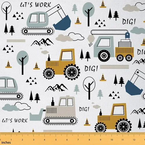Miniatura 21 de Tela de coche de dibujos animados por The Yard, Tela de tapicería de construcción para niños, Tractor azul naranja decorativo suave franela, 1 yarda