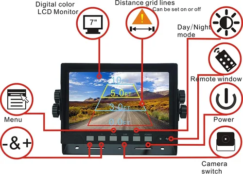 Miniatura 3 de AHD 1080P Sistema de cámara de visión trasera inversa con cable de 7 pulgadas, línea de guía, cámara de visión nocturna IR impermeable IP69K