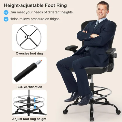 Miniatura 7 de Silla de Dibujo Silla Alta de Oficina con Asiento de Cuero PU, Silla de Escritorio Ergonómica de Pie de 400lbs con Soporte Lumbar, Taburete