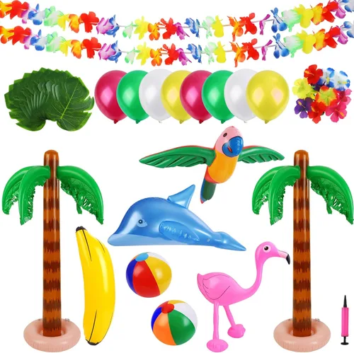 Ruisita Juego inflable de 57 piezas para fiesta Luau, incluye palmeras inflables, plátano, bolas de playa, flamenco, juguetes de flamenco, loro