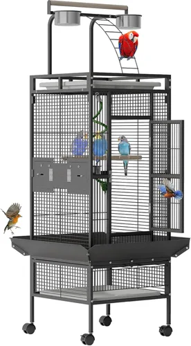 Jaula grande para pájaros de 60 pulgadas, jaula para pájaros de hierro forjado con soporte rodante, parte superior de juego, 4 cuencos de acero