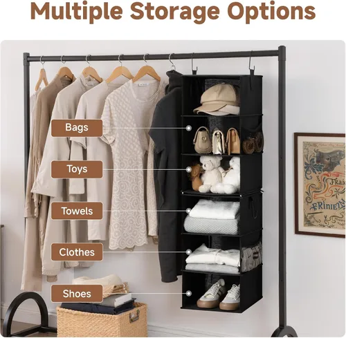 Miniatura 4 de StorageWorks Organizador colgante de armario de 6 estantes, organizador de almacenamiento separable de dos 3 estantes con bolsillos laterales