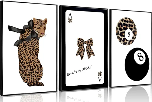 Miniatura 10 de Conjunto de 3 modernos pósteres de pared de leopardo en lona con bola de la suerte número 8, arte de pared elegante, decoraciones de pared