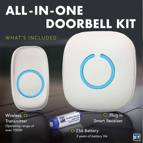 Miniatura 2 de Timbre inalámbrico de SadoTech – Kit de timbres y timbres impermeables inalámbricos – Rango de más de 1000 pies, timbre de 52 tonos, 4 niveles