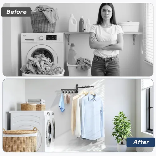Miniatura 4 de Estante de secado de pared, 2 niveles con brazo oscilante, colgador de ropa plegable que ahorra espacio con 10 clips para lavandería, organizador