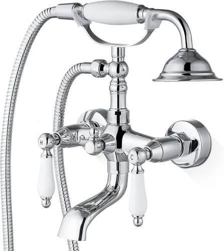 Airuida Grifo de bañera de montaje en pared con pulverizador de mano para teléfono, mezclador doble de calor y frío, manijas de palanca, juego de