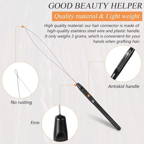 Miniatura 2 de Chuangdi 20 piezas de extensión de cabello, enhebrador de aguja para tirar de gancho, dispositivo de cuentas de aguja para suministros de Negro