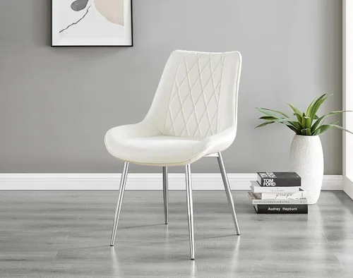 Miniatura 3 de Furniturebox - Juego de 2 sillas de comedor Pesaro, terciopelo crema, plateado, patas de metal cromado, modernas, contemporáneas, de lujo, sillas
