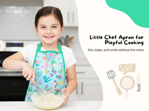 Miniatura 2 de PurpleEssences Delantal para niños con correa ajustable para el cuello y bolsillo frontal, delantal de chef para hornear y manualidades, 15 x 18