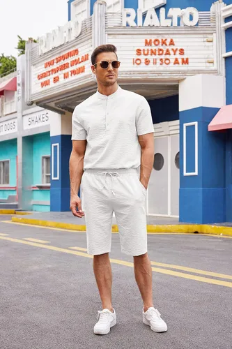 Miniatura 4 de COOFANDY Conjunto de 2 piezas de lino para hombre, camisas Henley casuales de manga corta, pantalones cortos de yoga para la playa, pantalones