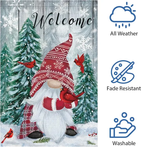 Miniatura 5 de Heyfibro Banderas de Jardín de Gnomos de Invierno Navideño de Bienvenida 12x18 de Doble Cara Arpillera Cardenales Copos de Nieve Nieve Estandarte