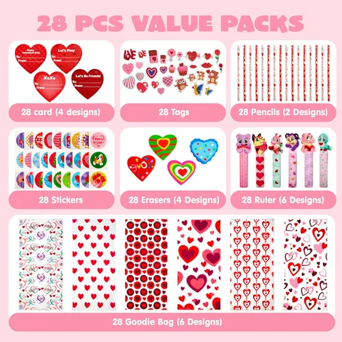 Miniatura 2 de JOYIN Paquete de 28 regalos de papelería para el día de San Valentín para niños, bolsas de golosinas con juego de recuerdos de fiesta