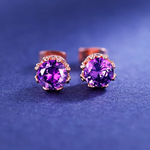 Miniatura 43 de MDFUN Aretes chapados en oro rosa para mujer, 0.236 in, corona brillante redonda, piedra natal, regalo de cumpleaños