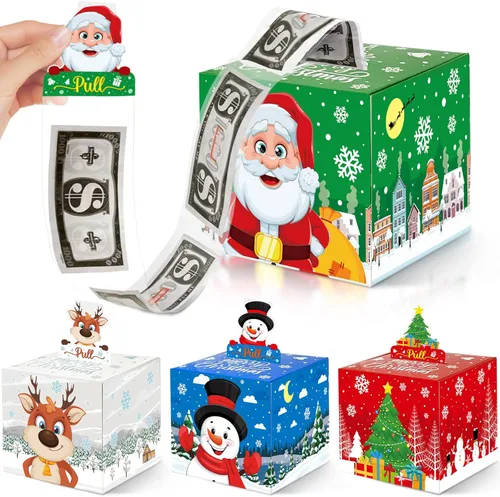 Paquete de 4 cajas de dinero de Navidad para tirar de regalo en efectivo, árbol de Navidad, muñeco de nieve, Papá Noel y alce, cajas de regalo para
