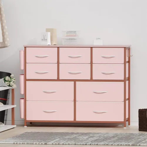 Miniatura 7 de Jojoka Cómoda para dormitorio, cajón de almacenamiento de tela con 10 cajones, aparadores y cómoda con bolsillos laterales, ganchos, mesa de madera